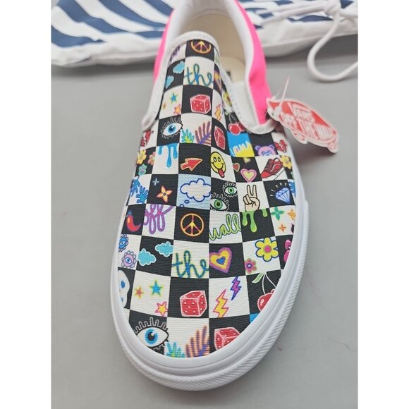 Vans Customs Classic Slip on Shoe Women's 8 Men's 6.5 Checkered Peace Roses New - Picture 5 of 9